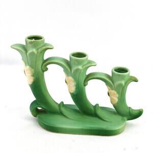 Vintage Weller Green Triple Horn Floral Dogwood Candle Holder Bud Vase Cottage